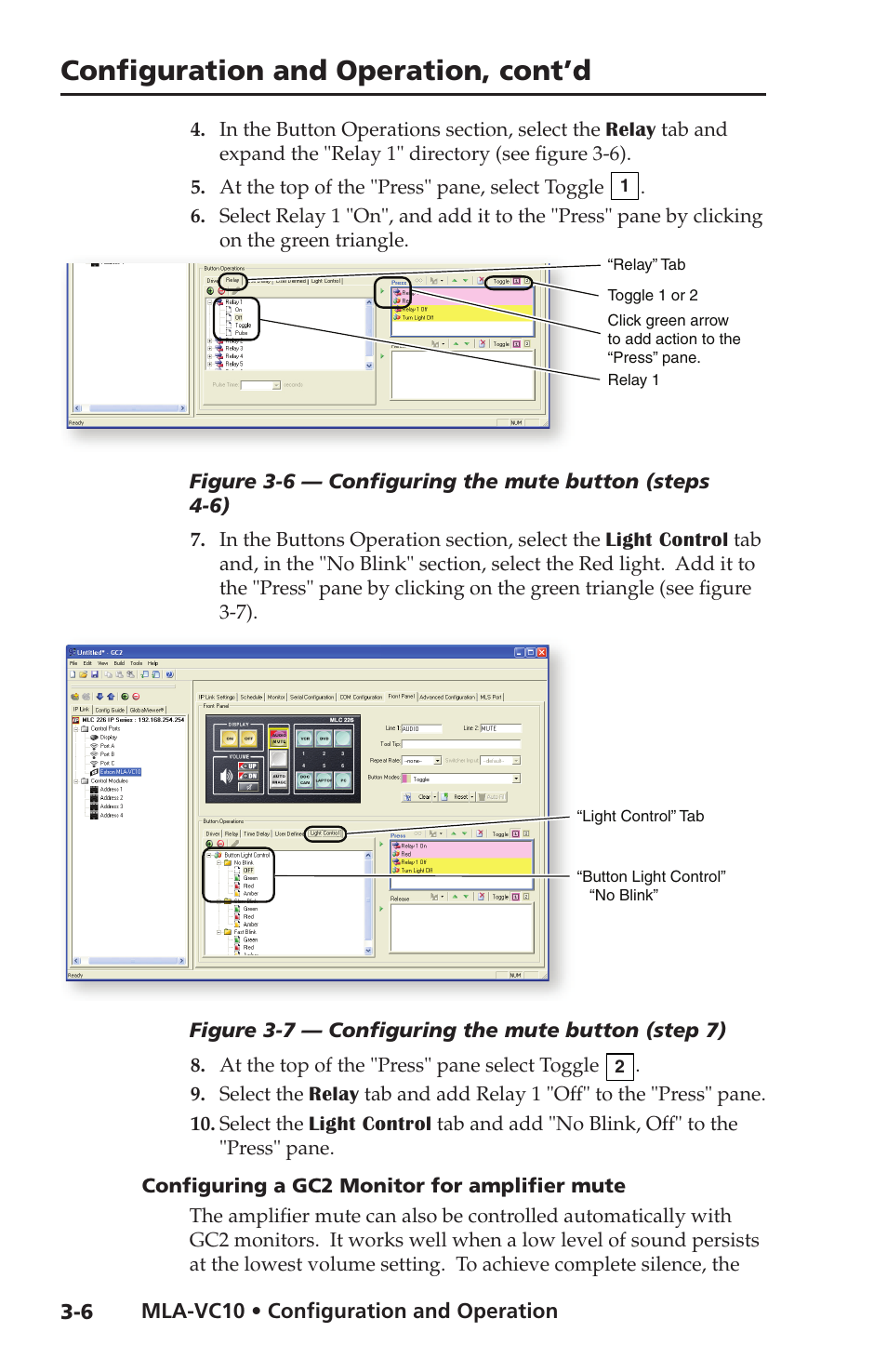 Configuring a gc2 monitor for amplifier mute, Configuring a gc2 monitor for amplifier mute -6, Configuration and operation, cont’d | Extron Electronics MLA-VC10 User Manual | Page 34 / 52