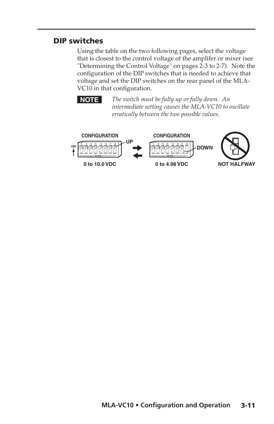 Dip switches, See “dip, Dip switches -11 | Configure the dip switch setting on the, Mla-vc10 for a control voltage of 0.24 v, Mla-vc10 • configuration and operation | Extron Electronics MLA-VC10 User Manual | Page 39 / 52
