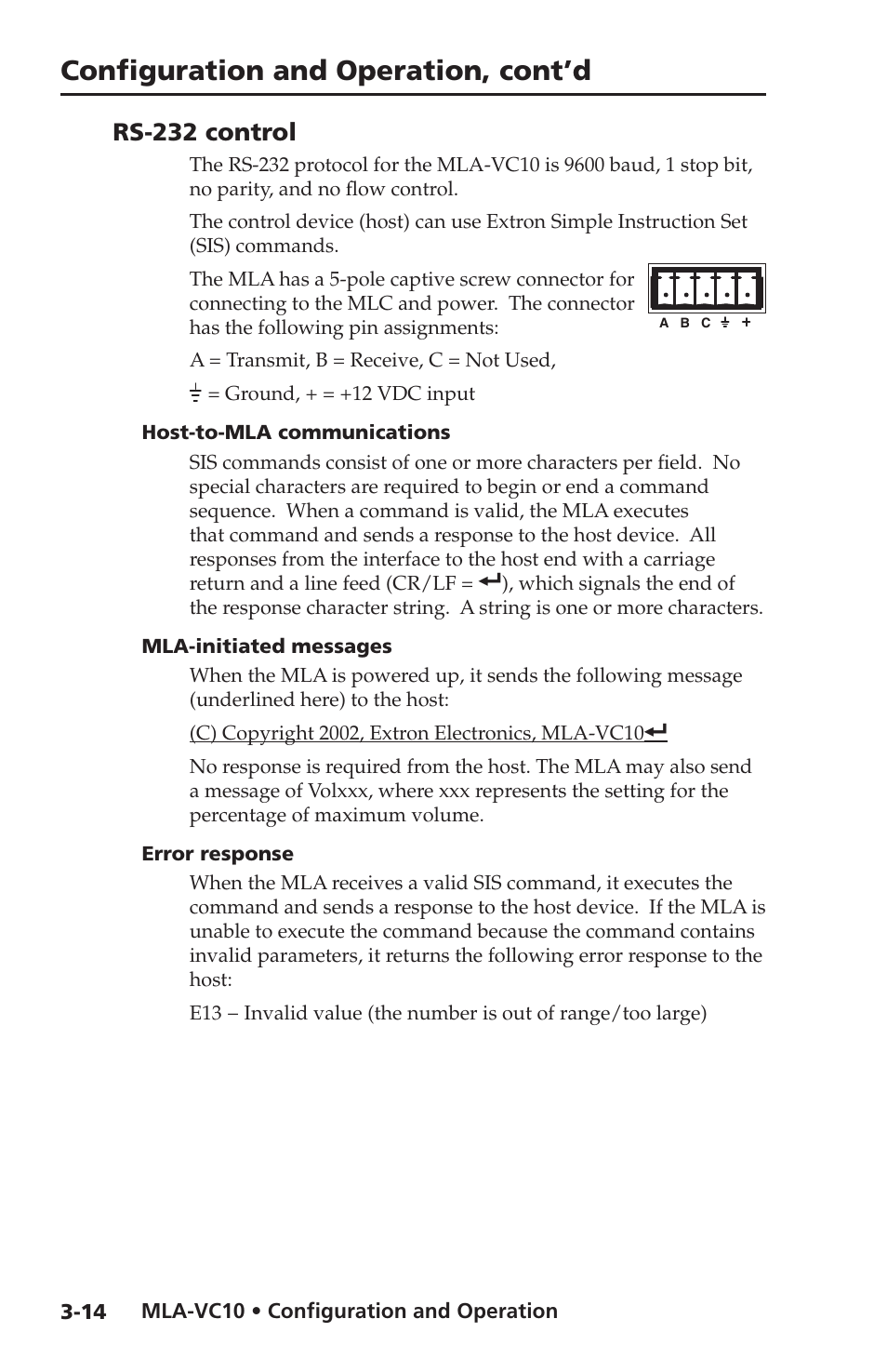 Rs-232 control, Host-to-mla communications, Mla-initiated messages | Error response, Or rs-232 (see, Rs-232 control -14, Configuration and operation, cont’d | Extron Electronics MLA-VC10 User Manual | Page 42 / 52