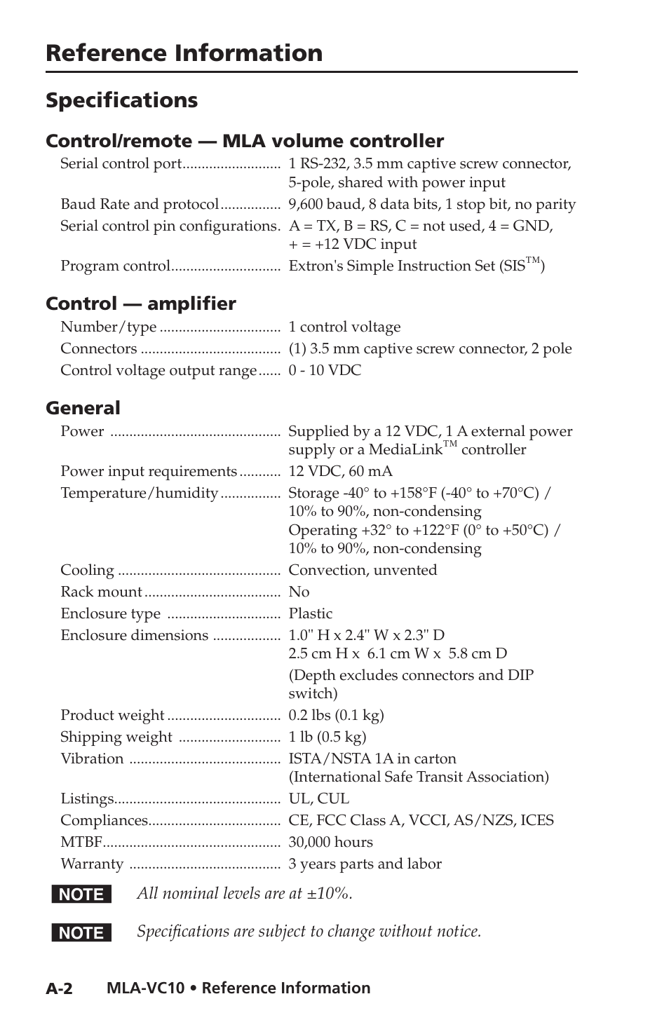 Specifications, Reference information | Extron Electronics MLA-VC10 User Manual | Page 48 / 52