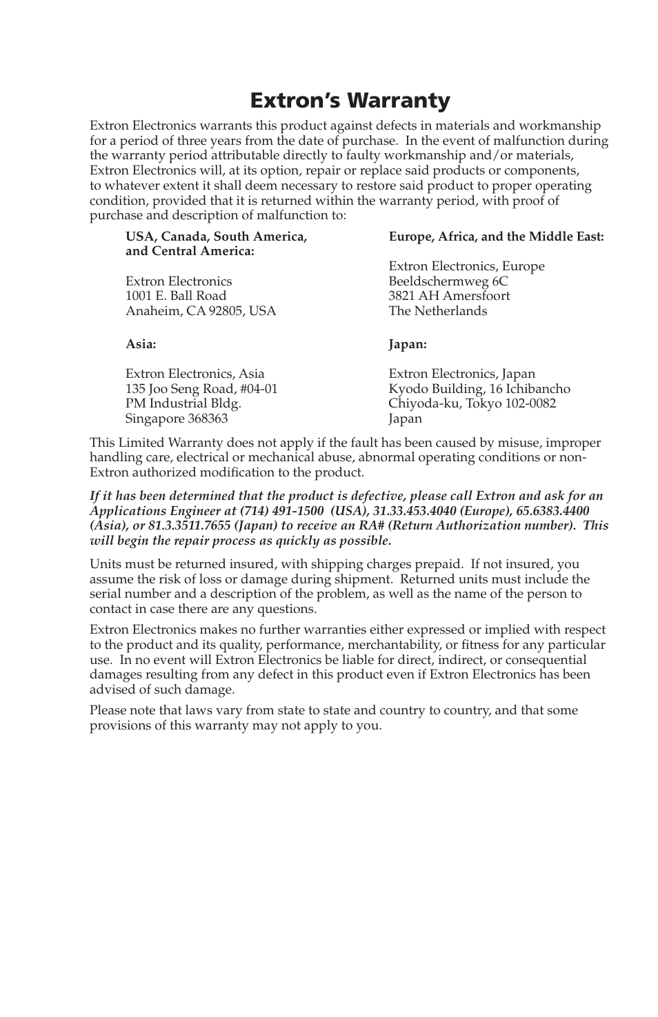Extron’s warranty | Extron Electronics MLA-VC10 User Manual | Page 51 / 52