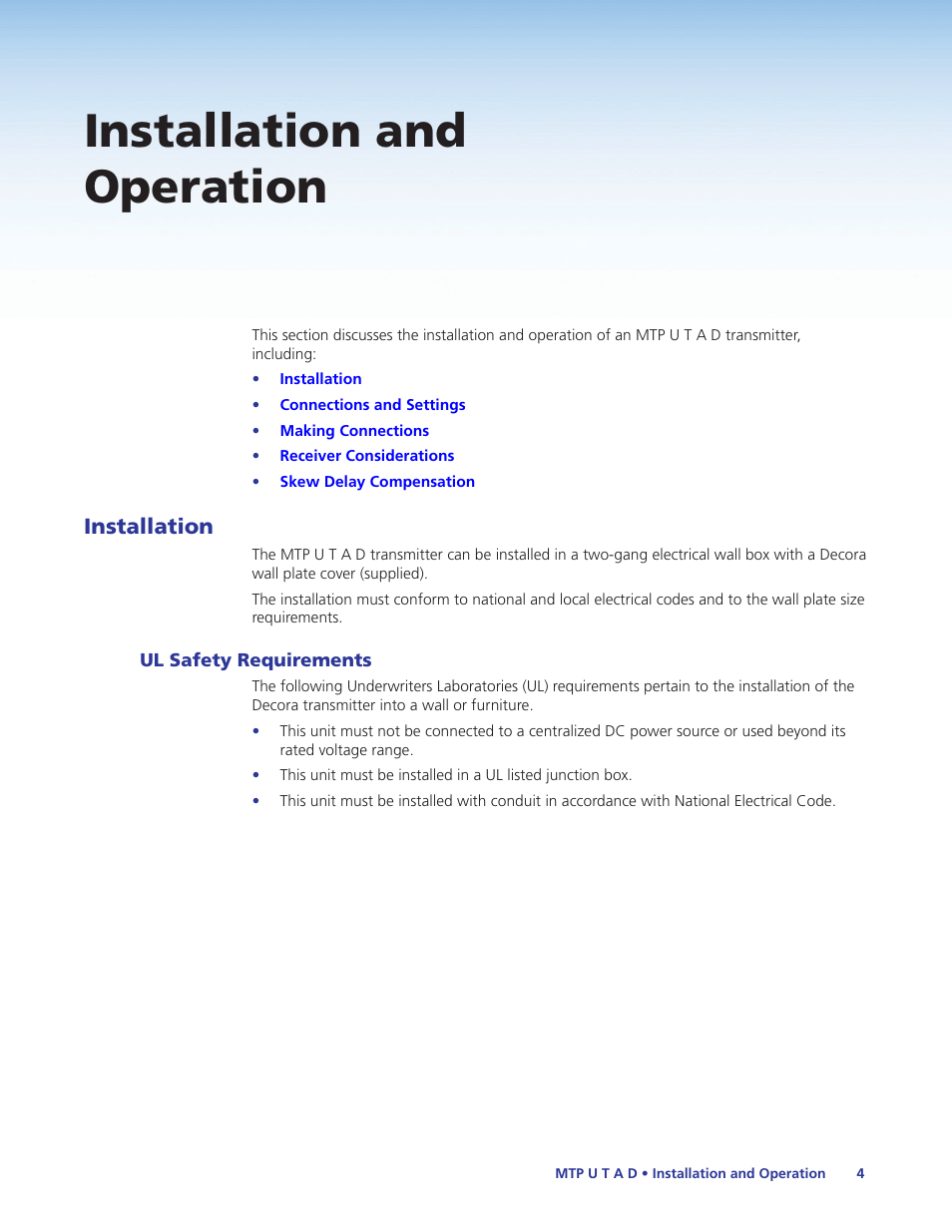 Installation and operation, Installation, Ul safety requirements | Extron Electronics MTP U T A D User Guide User Manual | Page 10 / 24