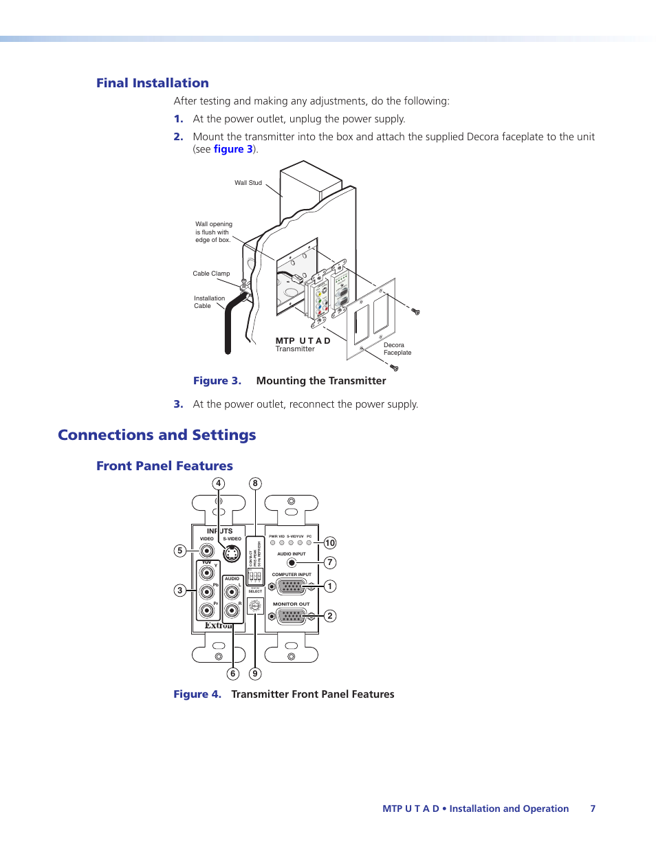 Final installation, Connections and settings, Front panel features | Ont panel (see, Figure 4. transmitter front panel features | Extron Electronics MTP U T A D User Guide User Manual | Page 13 / 24