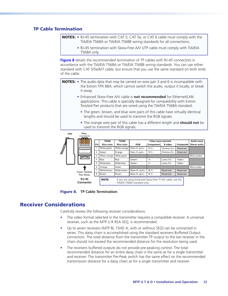 Tp cable termination, Receiver considerations, To wir | Figure 8. tp cable termination | Extron Electronics MTP U T A D User Guide User Manual | Page 18 / 24