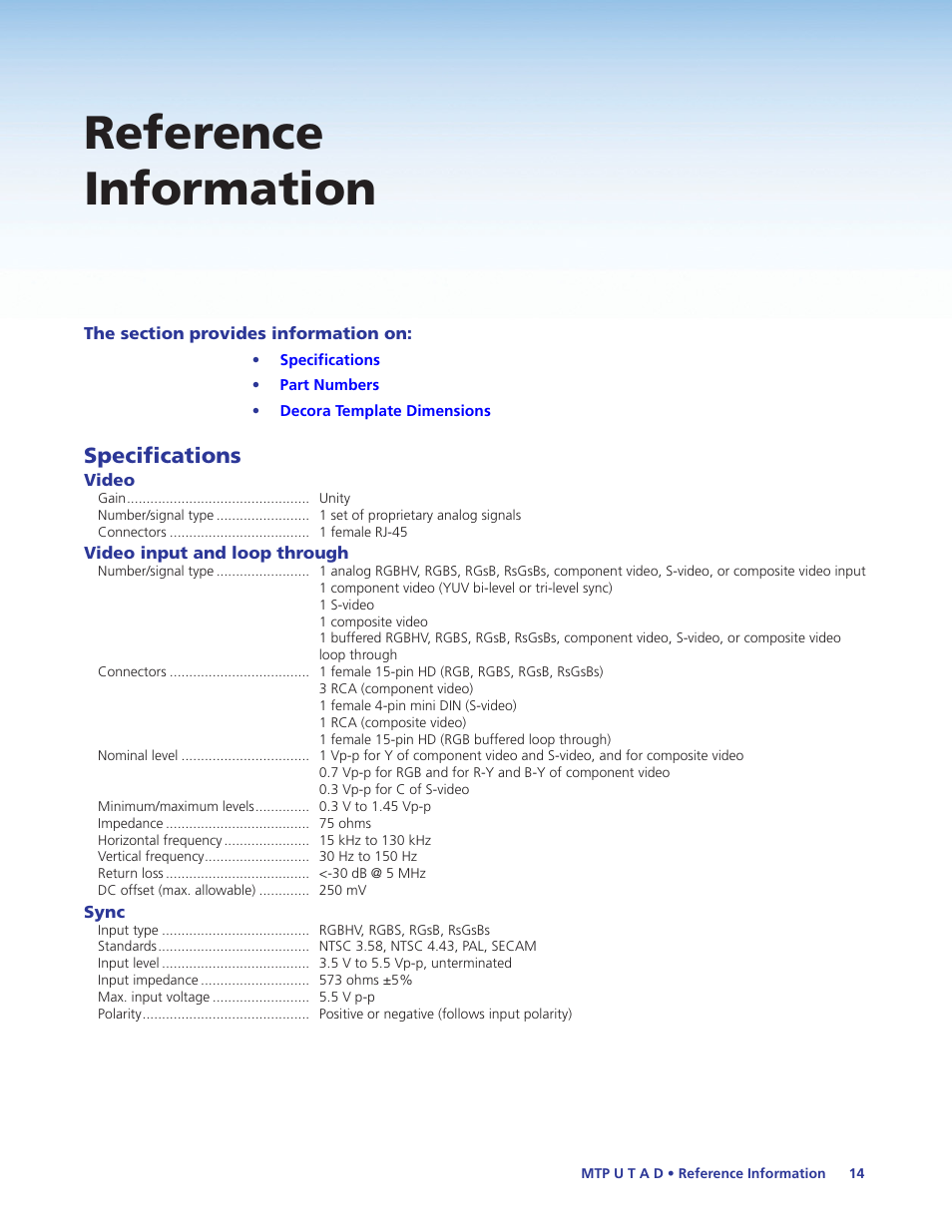 Reference information, Specifications | Extron Electronics MTP U T A D User Guide User Manual | Page 20 / 24