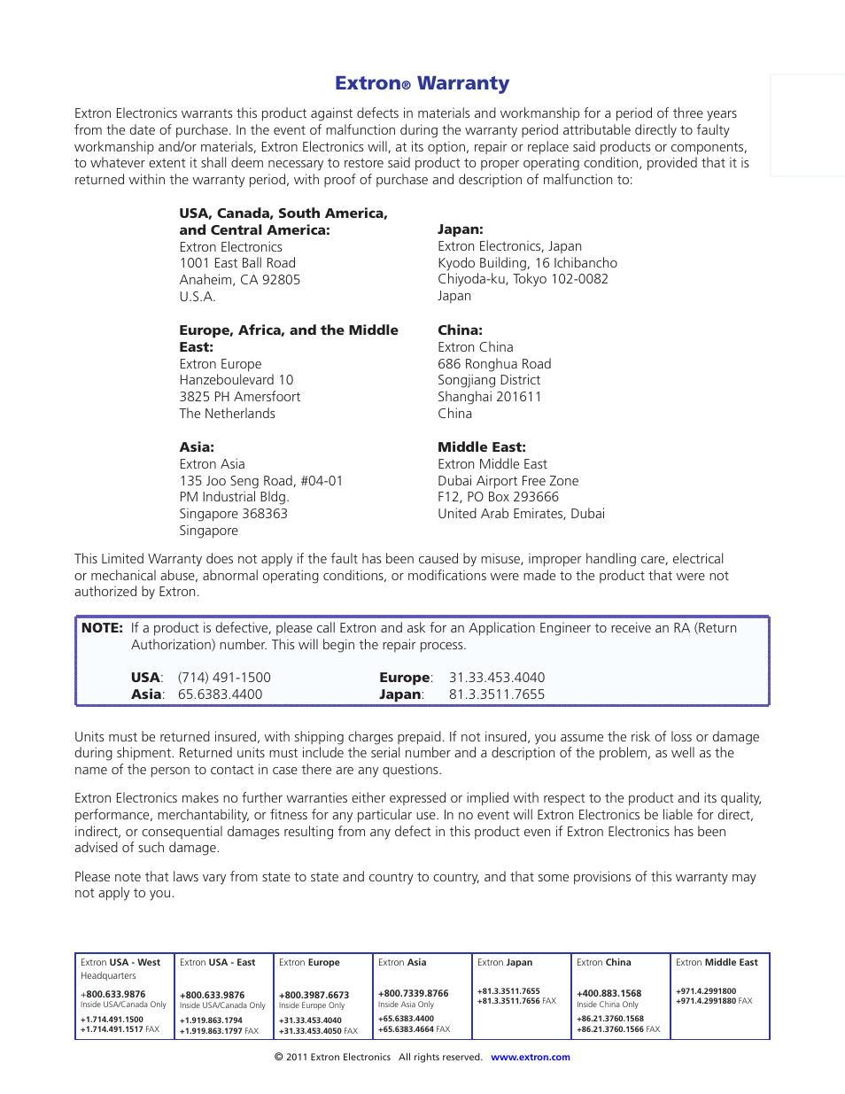 Extron® warranty, Contact information, Extron | Warranty | Extron Electronics MTP U T A D User Guide User Manual | Page 24 / 24