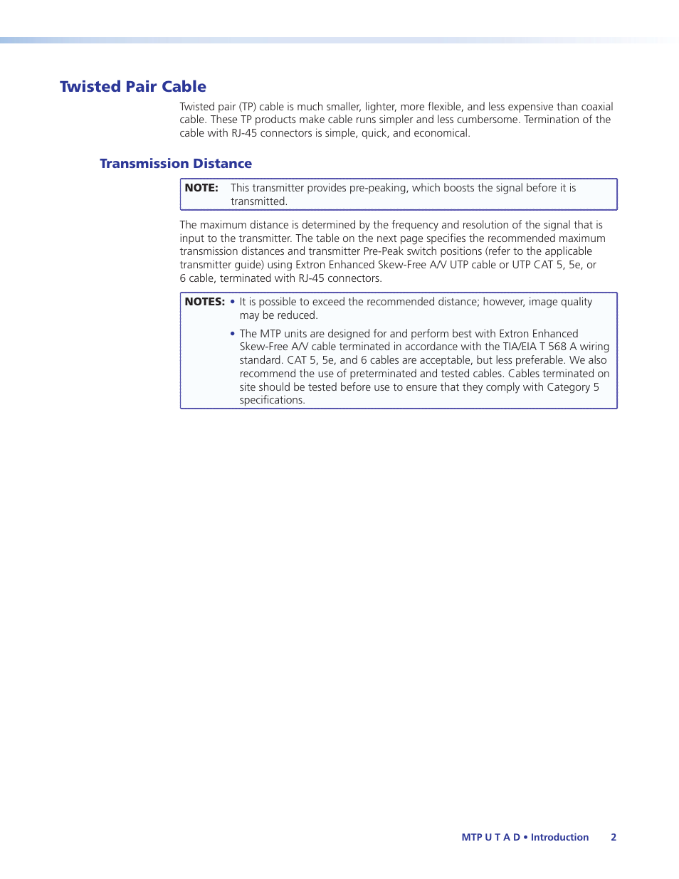 Twisted pair cable, Transmission distance | Extron Electronics MTP U T A D User Guide User Manual | Page 8 / 24