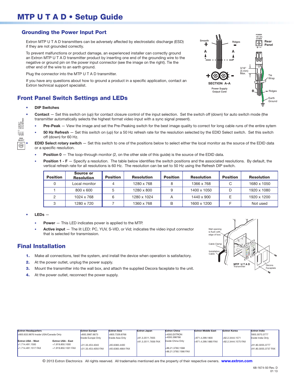 Front panel switch settings and leds, Final installation, Grounding the power input port | Extron Electronics MTP U T A D Setup Guide User Manual | Page 2 / 2