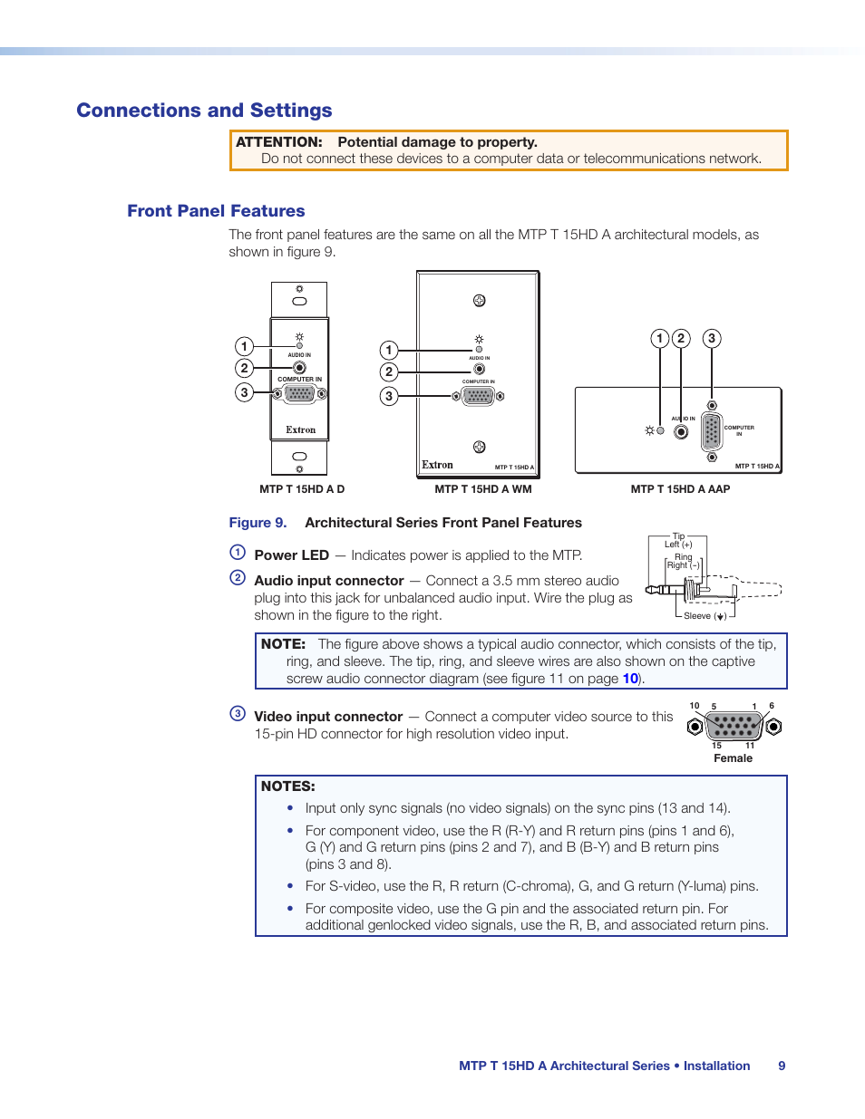 Connections and settings, Front panel features | Extron Electronics MTP T 15HD A User Guide User Manual | Page 15 / 22
