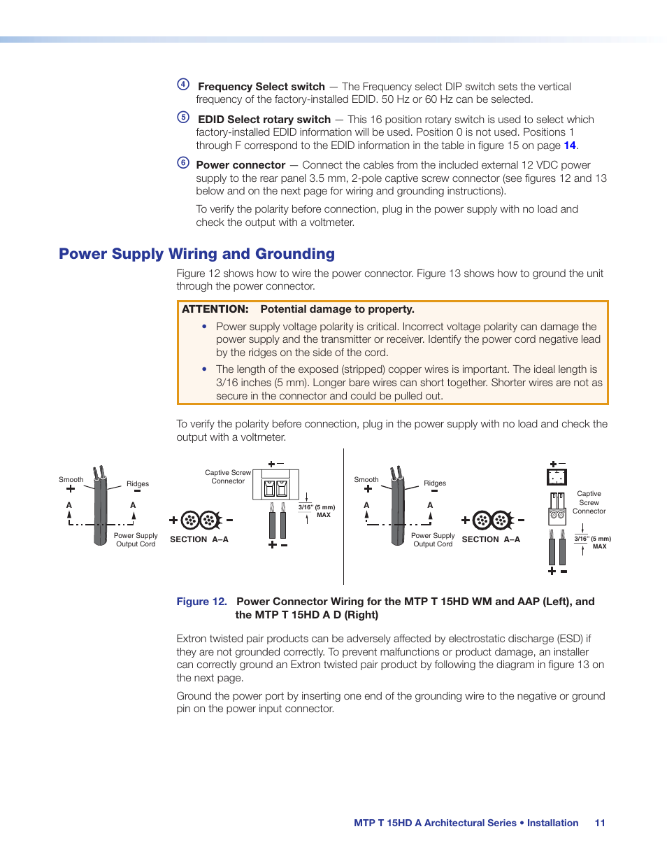Power supply wiring and grounding | Extron Electronics MTP T 15HD A User Guide User Manual | Page 17 / 22