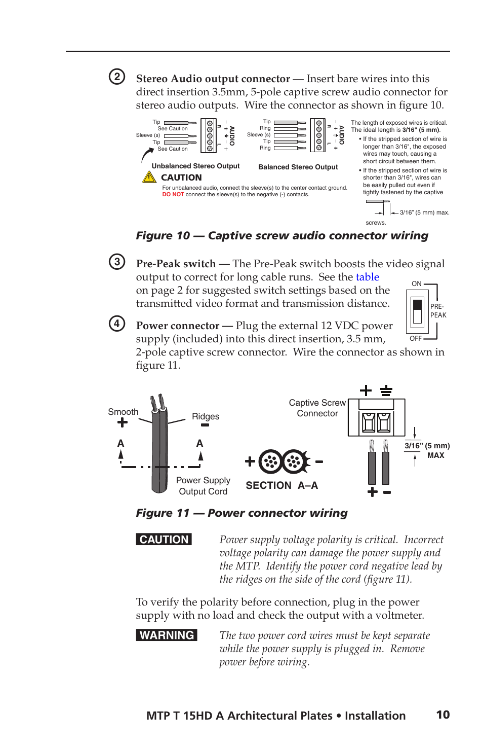 Figure 10 — captive screw audio connector wiring, Figure 11 — power connector wiring | Extron Electronics MTP T 15HD A AAP User Guide User Manual | Page 14 / 25