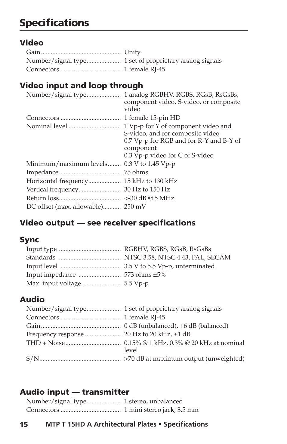 Specifications | Extron Electronics MTP T 15HD A AAP User Guide User Manual | Page 19 / 25