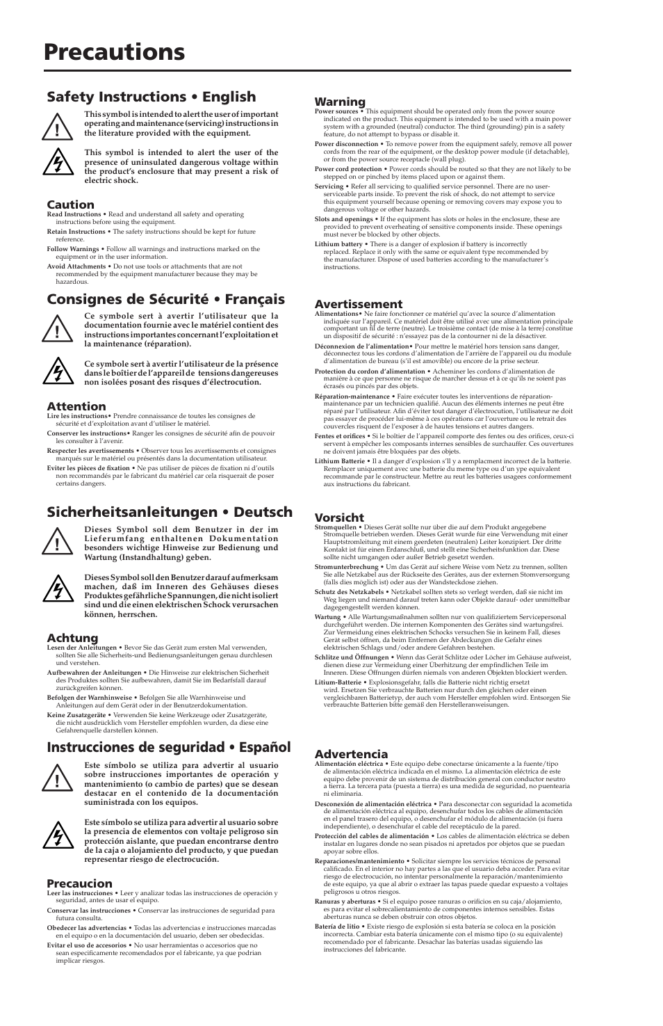 Precautions, Instrucciones de seguridad • español, Caution | Warning, Attention, Avertissement, Achtung, Vorsicht, Precaucion, Advertencia | Extron Electronics MTP T 15HD A AAP User Guide User Manual | Page 2 / 25