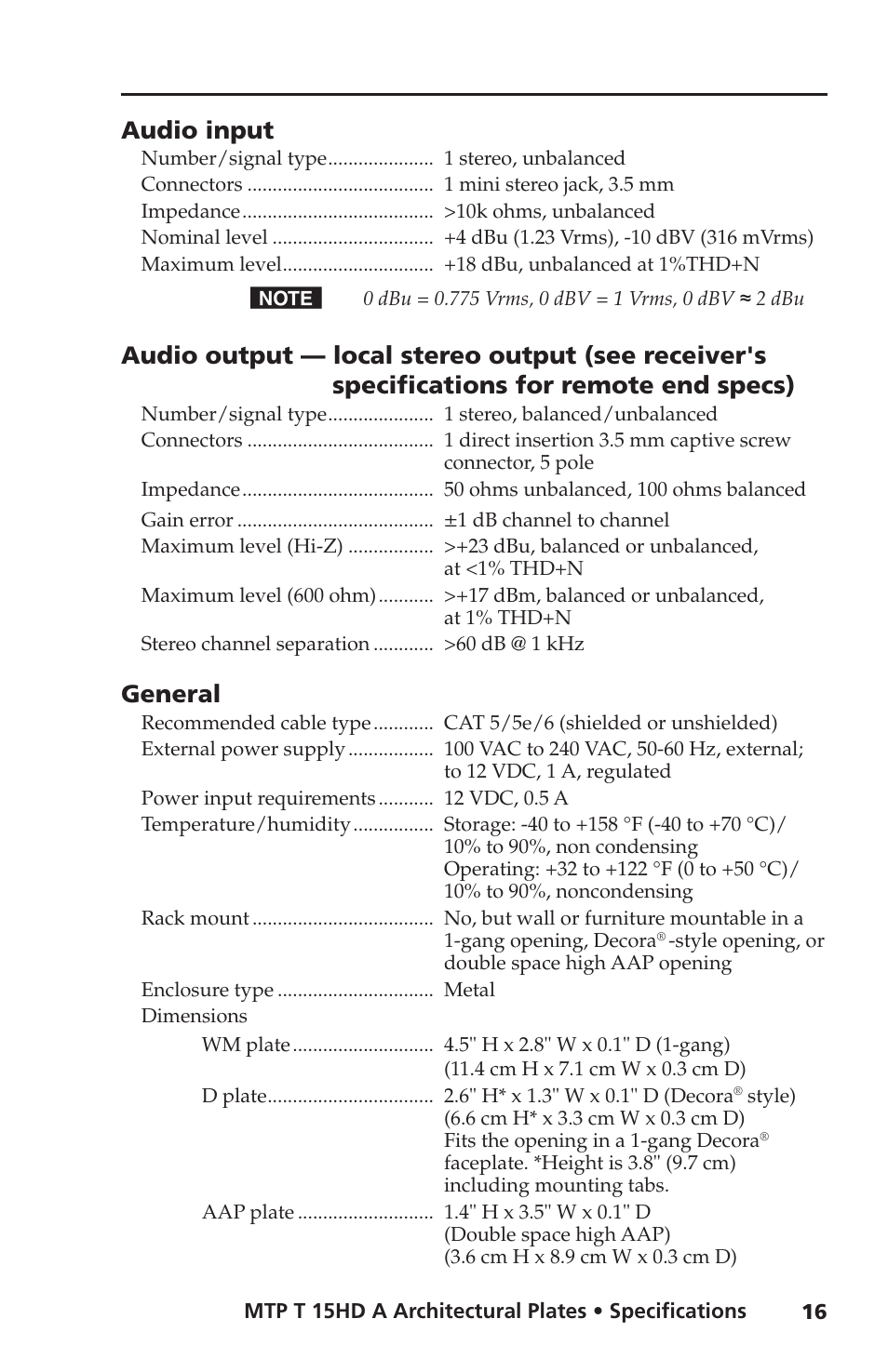Audio input, General | Extron Electronics MTP T 15HD A AAP User Guide User Manual | Page 20 / 25