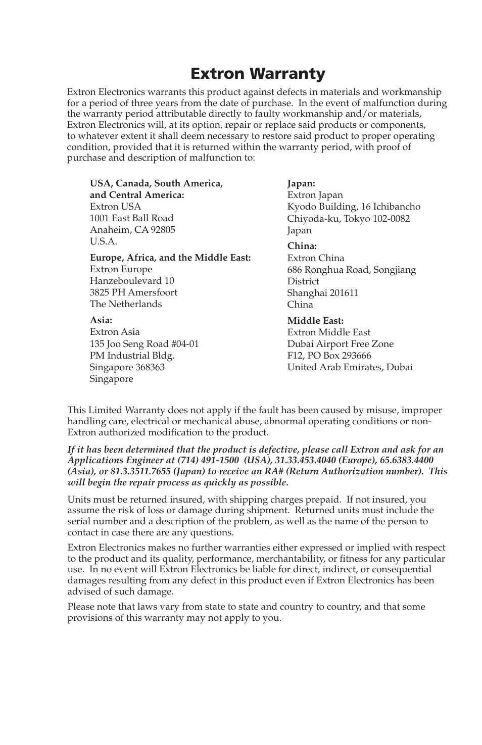 Warranty, Extron warranty | Extron Electronics MTP T 15HD A AAP User Guide User Manual | Page 24 / 25