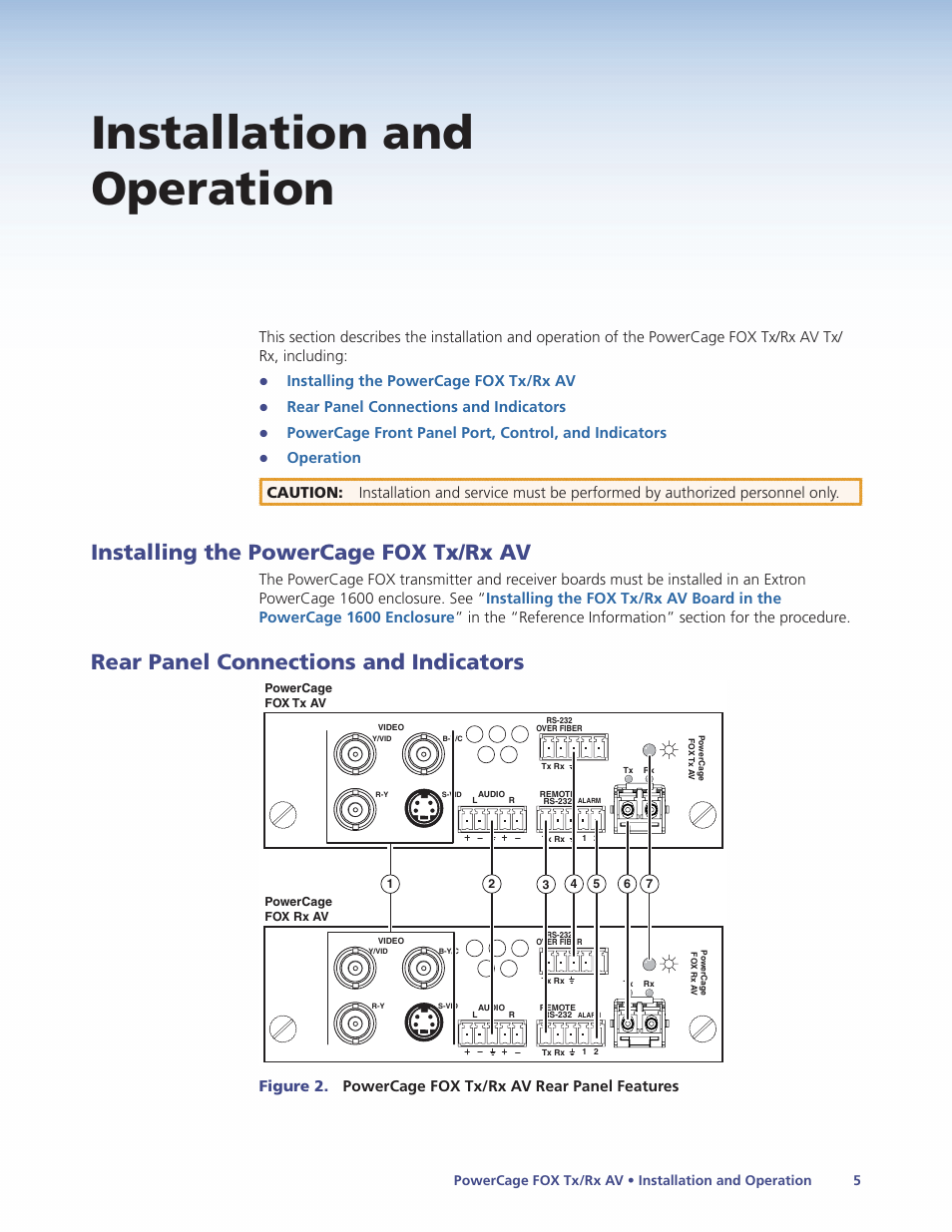 Installation and operation, Installing the powercage fox 2g av, Rear panel connections and indicators | Installing the powercage fox tx/rx a, Installing the powercage fox tx/rx av, Installing the powercage fox tx/rx a v | Extron Electronics PowerCage FOX Tx_Rx AV User Guide User Manual | Page 11 / 48