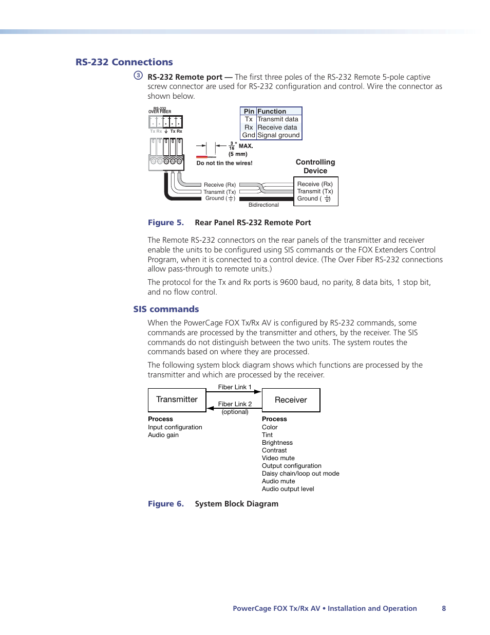 Rs-232 connections, Sis commands | Extron Electronics PowerCage FOX Tx_Rx AV User Guide User Manual | Page 14 / 48