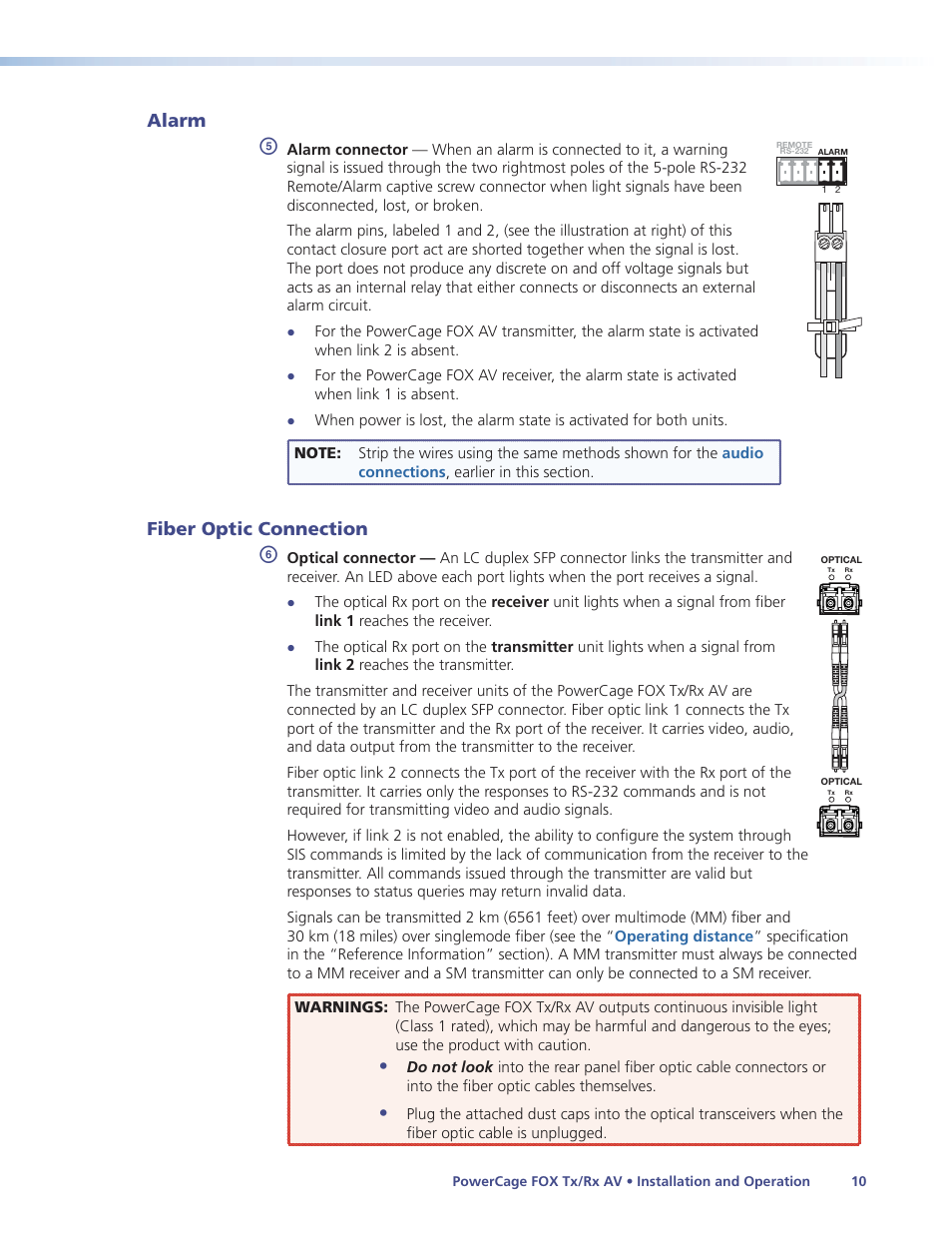 Alarm, Fiber optic connection, Alarm fiber optic connection | Extron Electronics PowerCage FOX Tx_Rx AV User Guide User Manual | Page 16 / 48