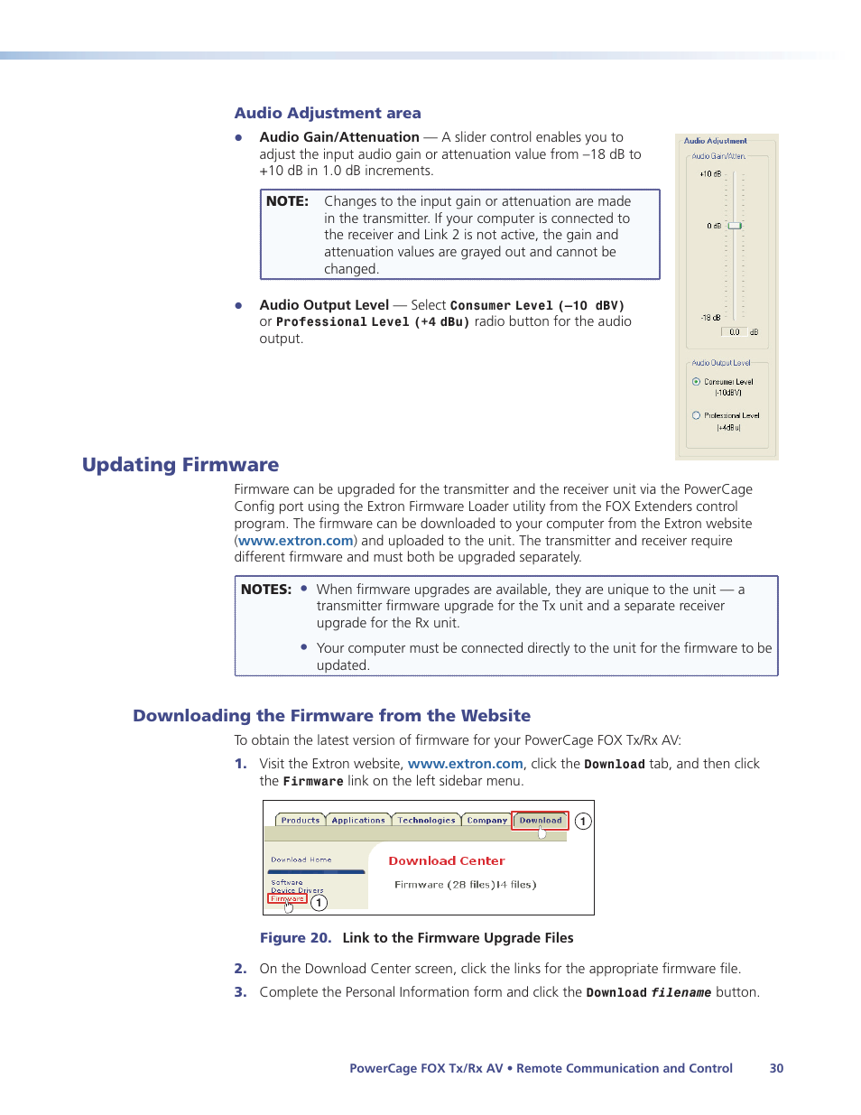Updating firmware, Downloading the firmware from the website, Downloading the firmware from the | Website | Extron Electronics PowerCage FOX Tx_Rx AV User Guide User Manual | Page 36 / 48