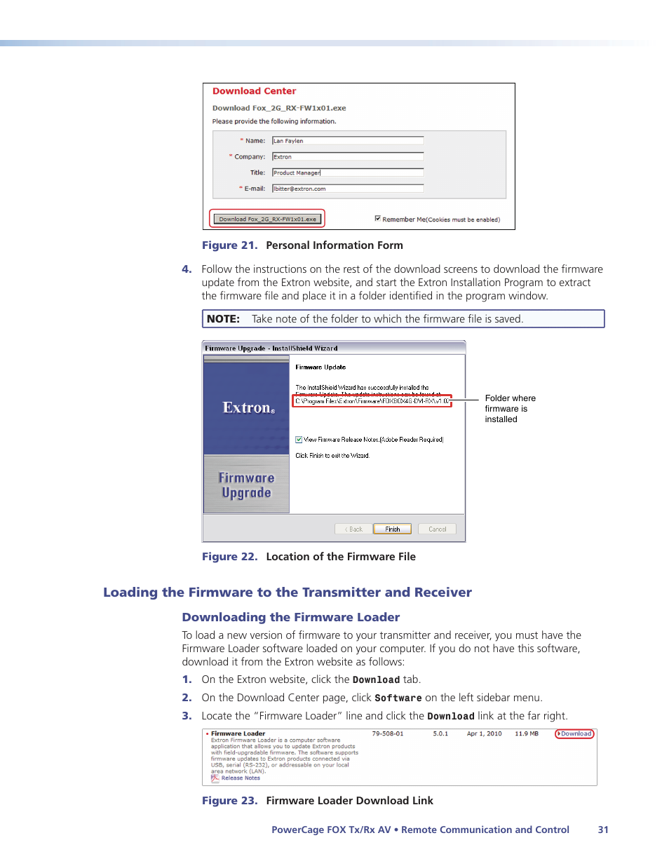 Loading the firmware to the transmitter and, Receiver | Extron Electronics PowerCage FOX Tx_Rx AV User Guide User Manual | Page 37 / 48