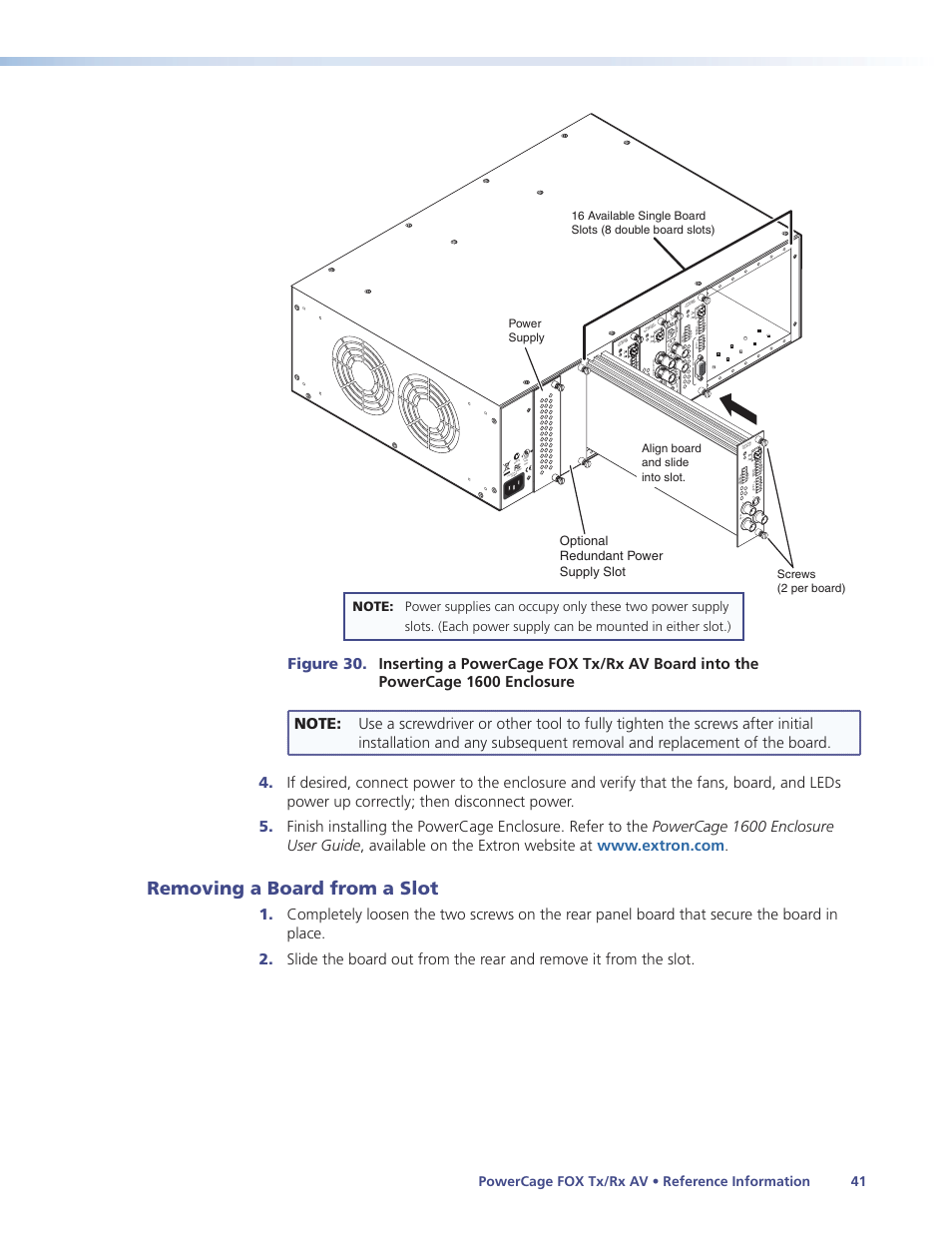 Removing a board from a slot | Extron Electronics PowerCage FOX Tx_Rx AV User Guide User Manual | Page 47 / 48