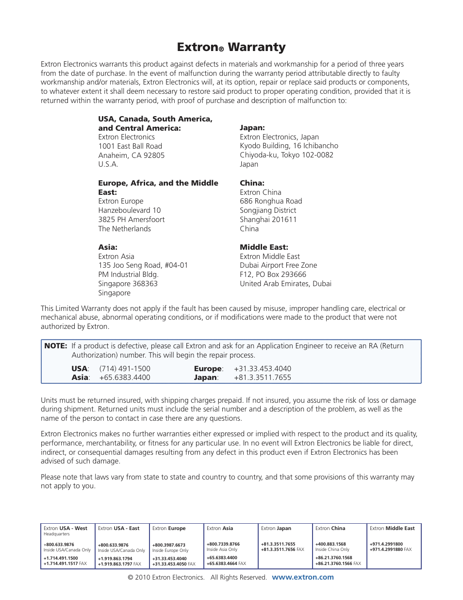 Extron warranty and contact information, Extron, Warranty | Extron Electronics PowerCage FOX Tx_Rx AV User Guide User Manual | Page 48 / 48