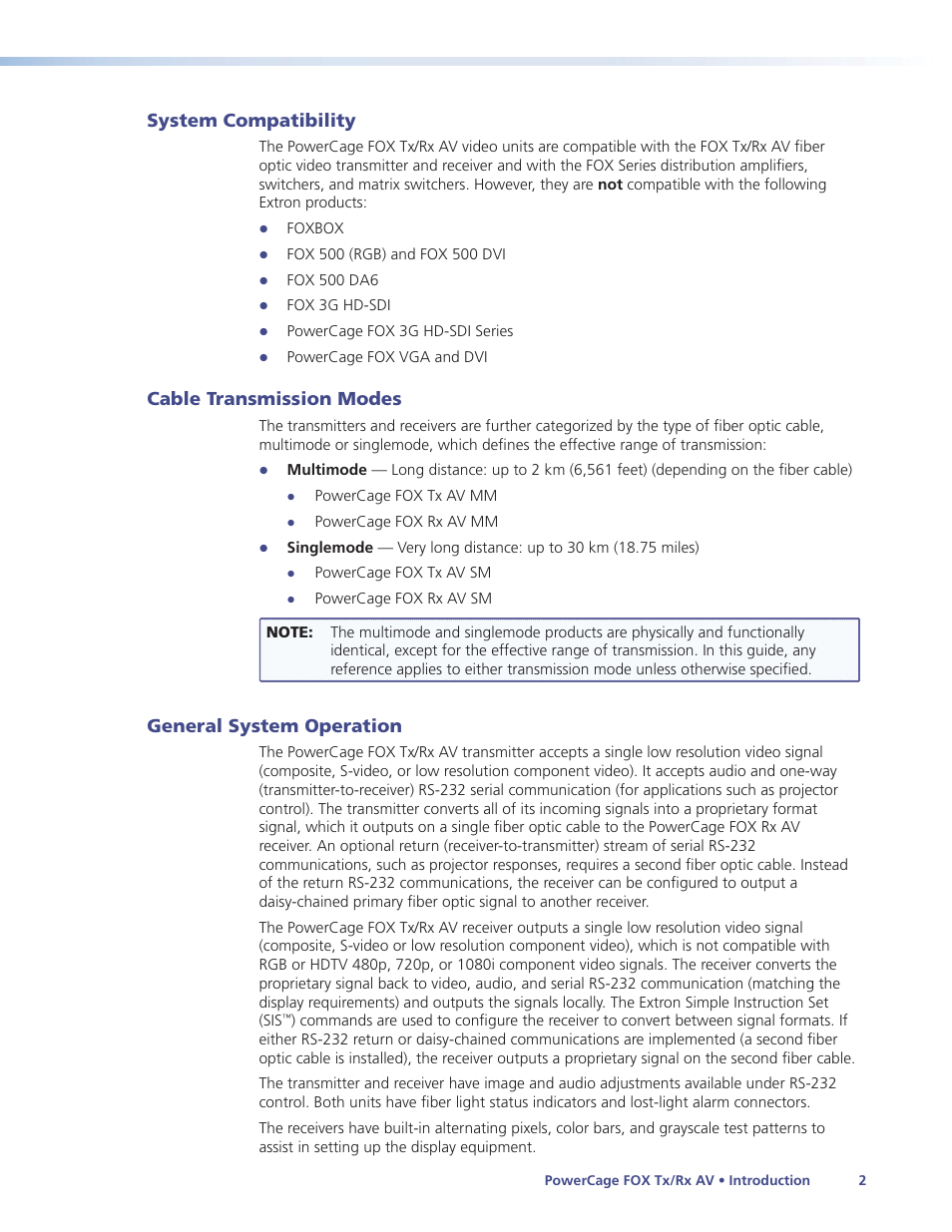 System compatibility, Cable transmission modes, General system operation | Extron Electronics PowerCage FOX Tx_Rx AV User Guide User Manual | Page 8 / 48