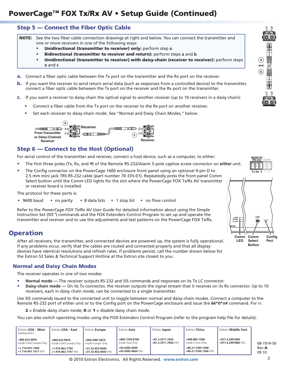 Powercage, Fox tx/rx av • setup guide (continued), Operation | Step 5 — connect the fiber optic cable, Step 6 — connect to the host (optional), Normal and daisy chain modes | Extron Electronics PowerCage FOX Tx_Rx AV Setup Guide User Manual | Page 2 / 2