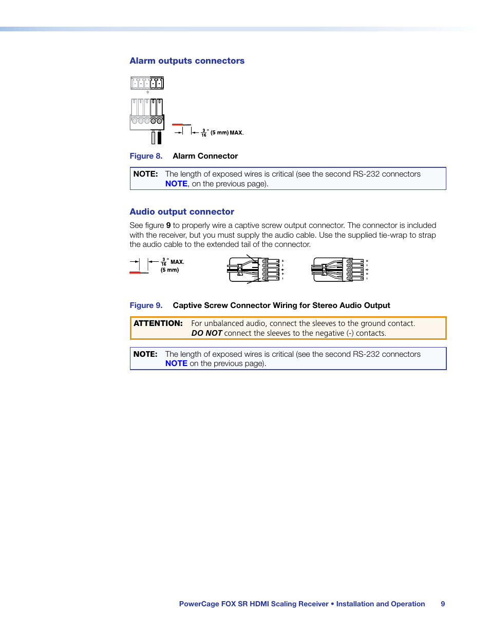 Audio, Output connector, E shorted together (see | Alarm outputs connection, Alarm outputs connectors, Audio output connector | Extron Electronics PowerCage FOX SR HDMI User Guide User Manual | Page 15 / 38