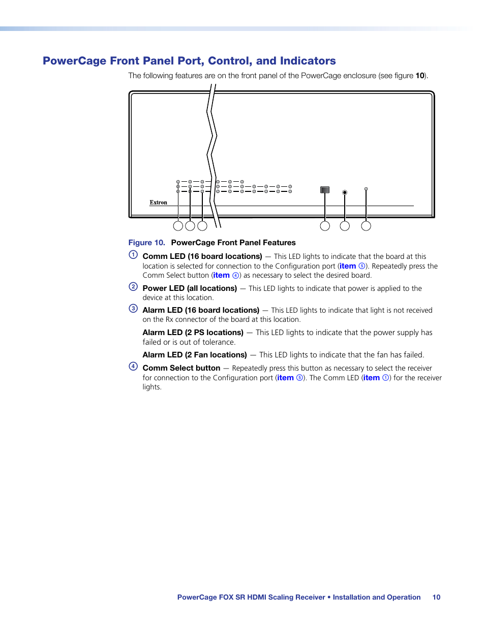 Powercage front panel port, control, and, Indicators | Extron Electronics PowerCage FOX SR HDMI User Guide User Manual | Page 16 / 38