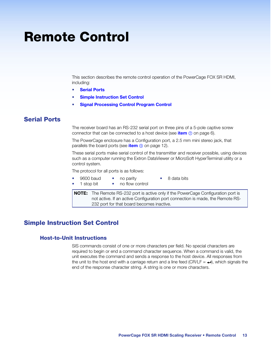 Remote control, Serial ports, Simple instruction set control | Host-to-unit instructions, Serial ports simple instruction set control, Sis commands | Extron Electronics PowerCage FOX SR HDMI User Guide User Manual | Page 19 / 38