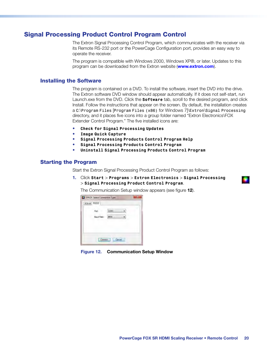 Signal processing product control program control, Installing the software, Starting the program | Signal processing product control program, Control, Installing the software starting the program, Or the, Signal, Processing control program, On a computer running w | Extron Electronics PowerCage FOX SR HDMI User Guide User Manual | Page 26 / 38