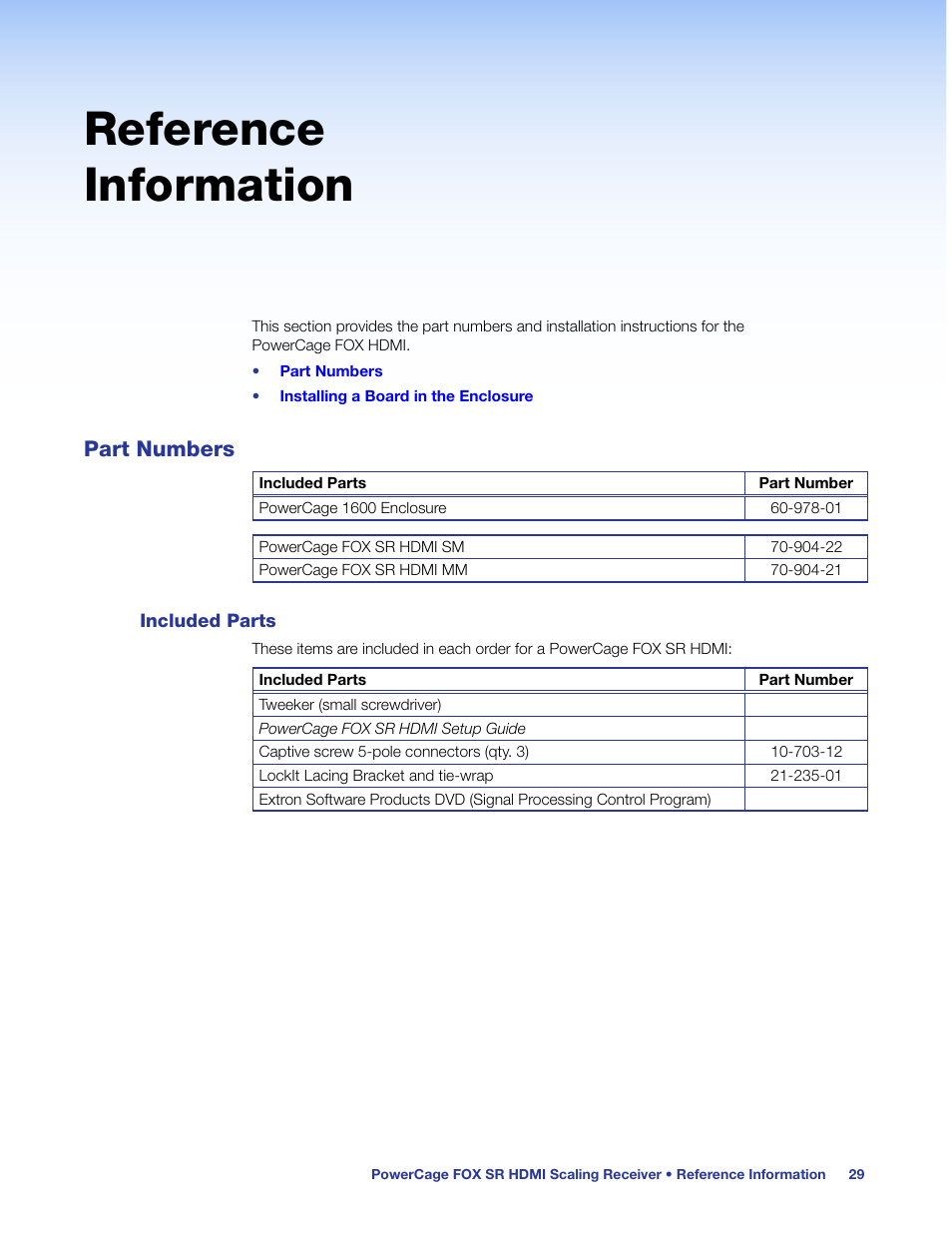 Reference information, Part numbers, Included parts | Extron Electronics PowerCage FOX SR HDMI User Guide User Manual | Page 35 / 38