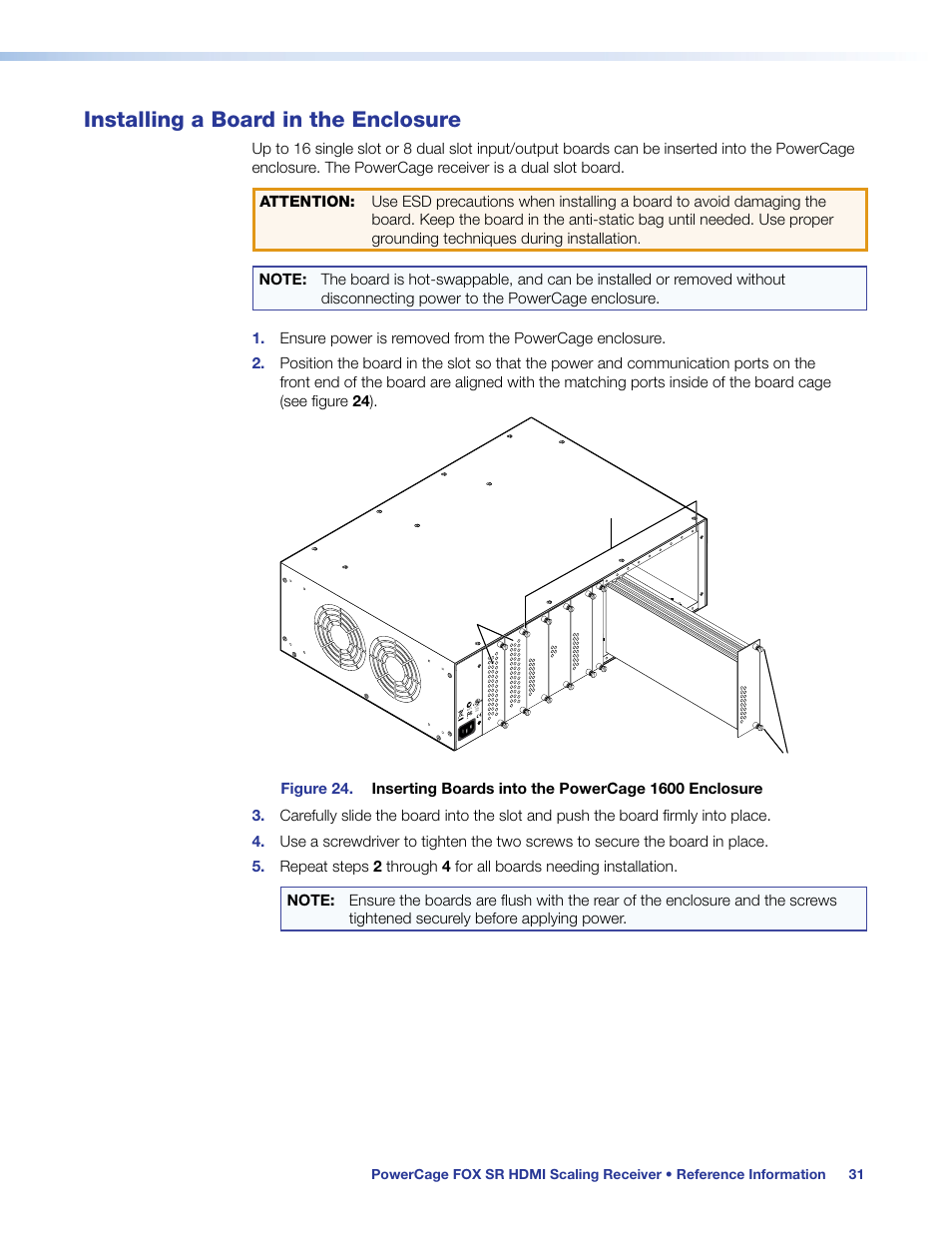 Installing a board in the enclosure | Extron Electronics PowerCage FOX SR HDMI User Guide User Manual | Page 37 / 38