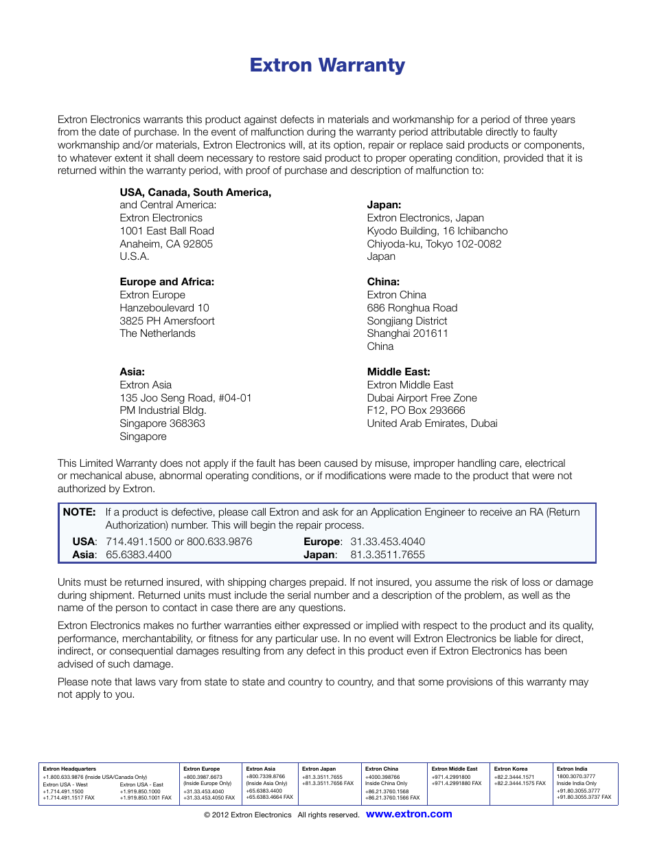 Warranty & contact info, Extron warranty | Extron Electronics PowerCage FOX SR HDMI User Guide User Manual | Page 38 / 38