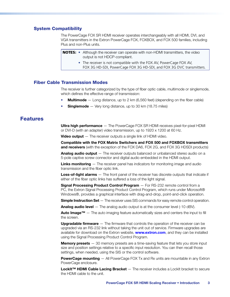System compatibility, Fiber cable transmission modes, Features | Extron Electronics PowerCage FOX SR HDMI User Guide User Manual | Page 9 / 38