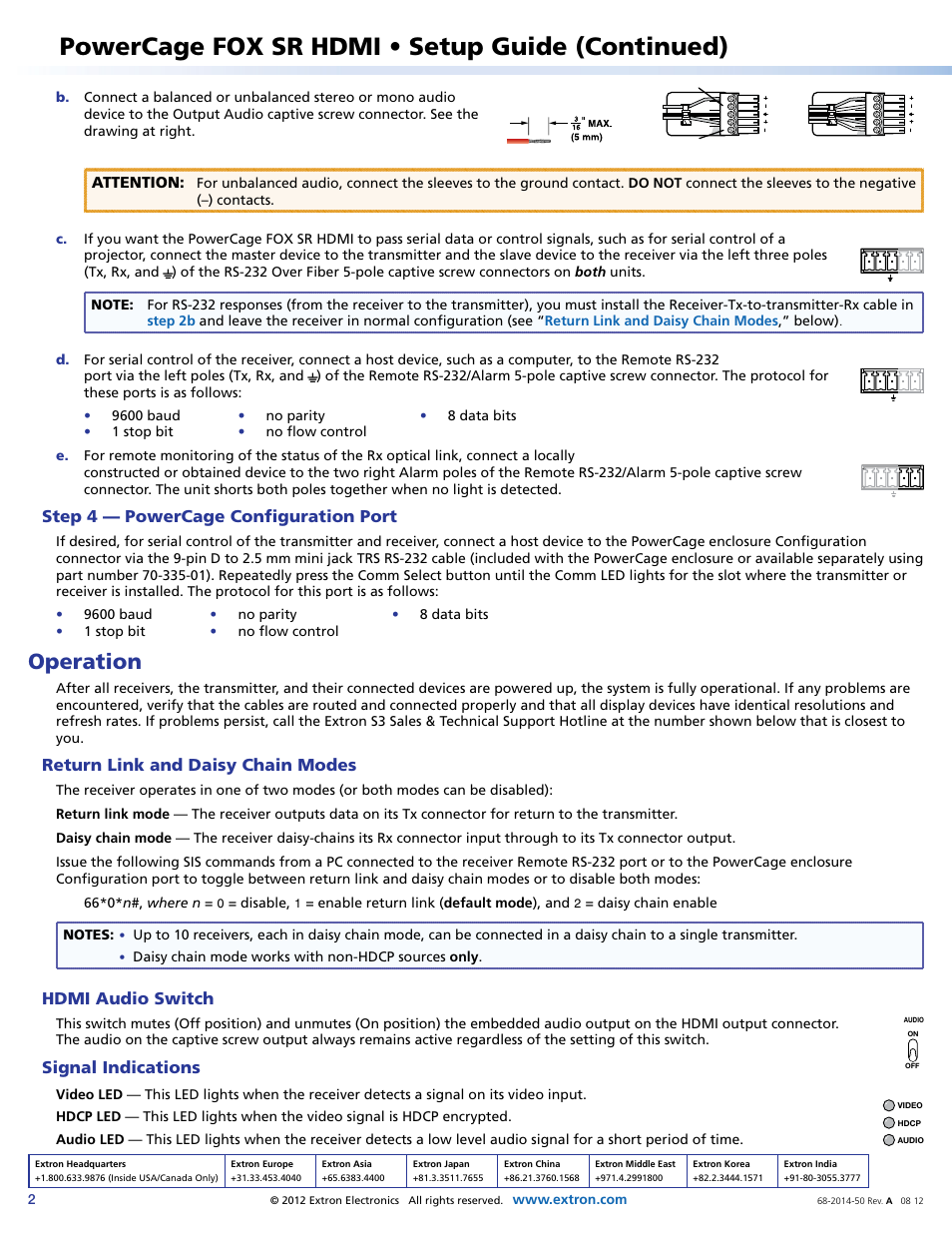 Powercage fox sr hdmi • setup guide (continued), Operation, Step 4 — powercage configuration port | Return link and daisy chain modes, Hdmi audio switch, Signal indications | Extron Electronics PowerCage FOX SR HDMI Setup Guide User Manual | Page 2 / 2