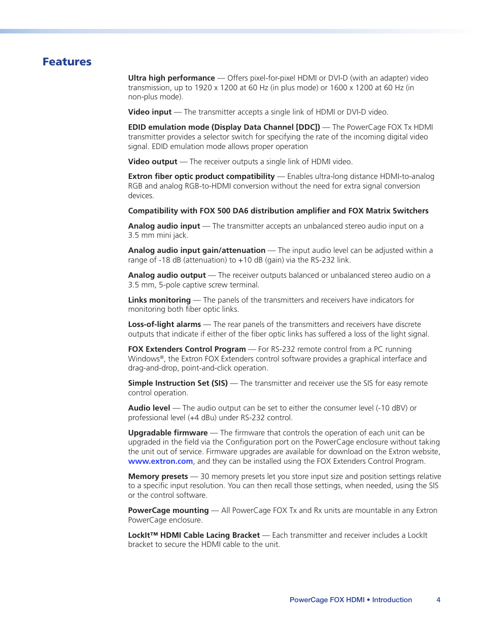 Features | Extron Electronics PowerCage FOX Tx_Rx HDMI User Guide User Manual | Page 10 / 49