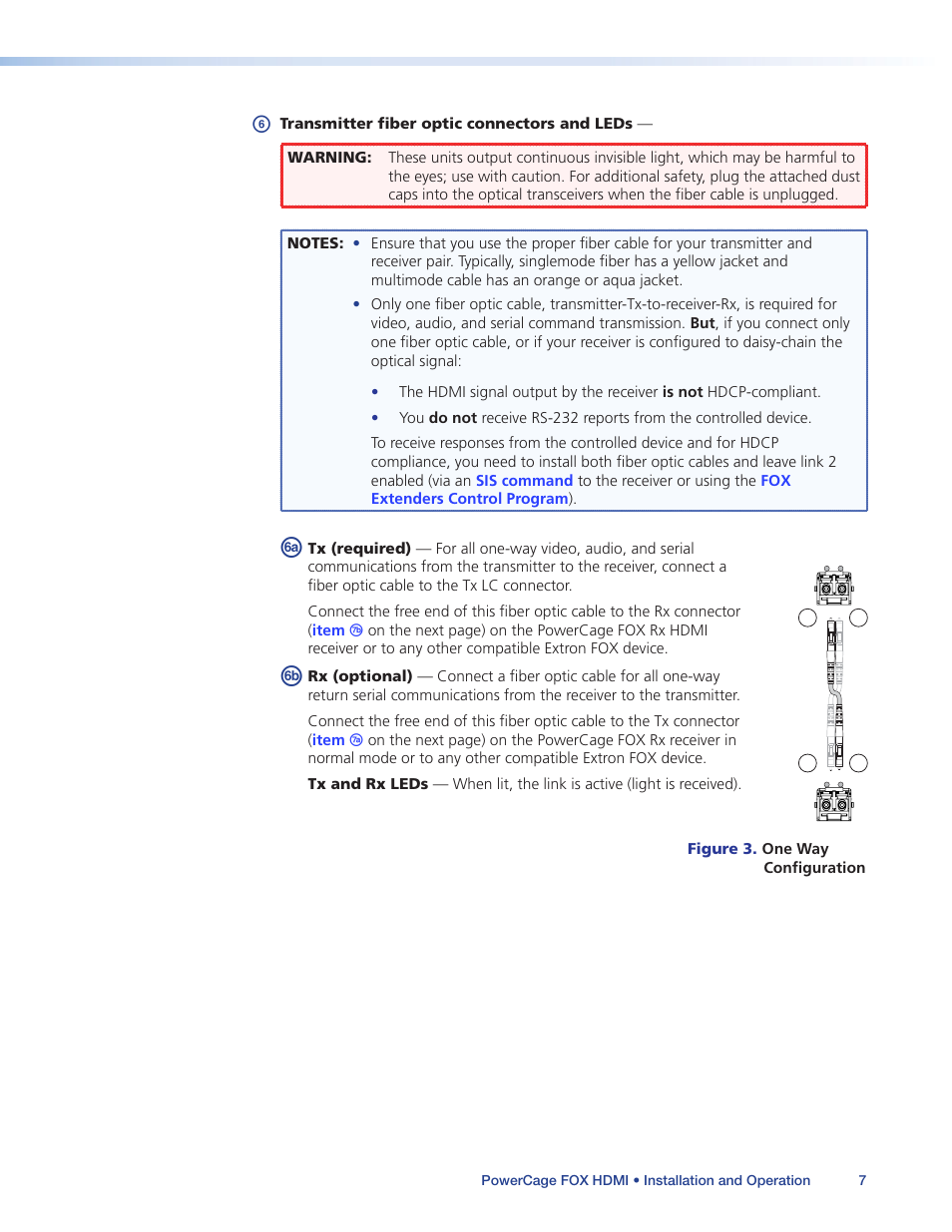 If you connect only one fiber optic cable, Item | Extron Electronics PowerCage FOX Tx_Rx HDMI User Guide User Manual | Page 13 / 49