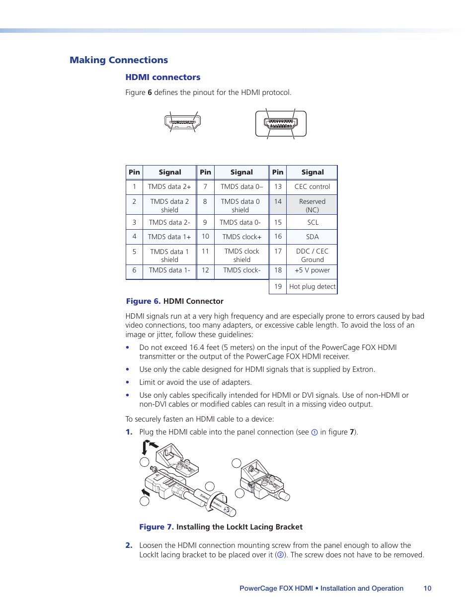 Making connections, Hdmi connectors | Extron Electronics PowerCage FOX Tx_Rx HDMI User Guide User Manual | Page 16 / 49