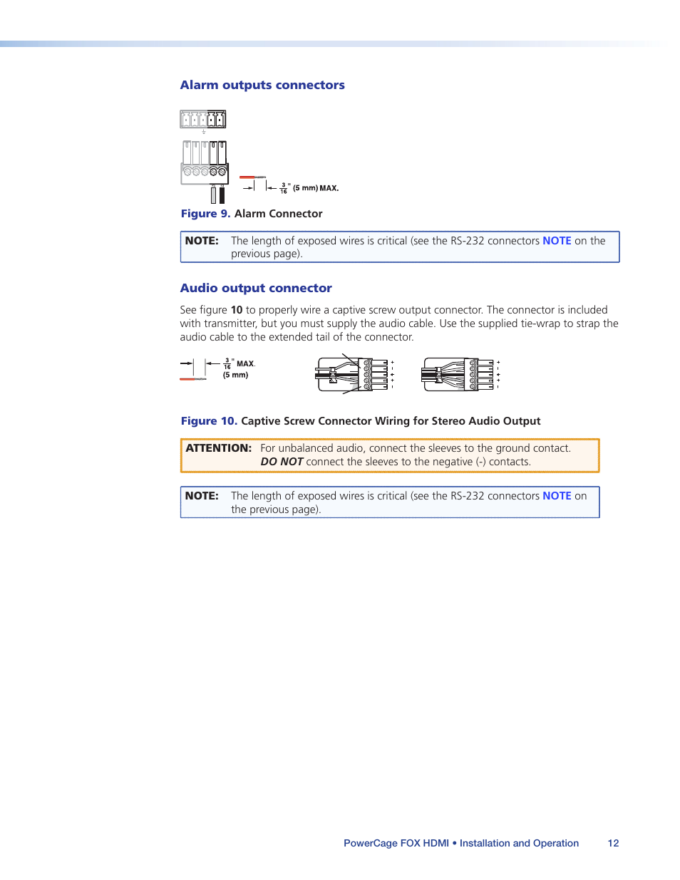 Audio output connector, Alarm outputs connectors | Extron Electronics PowerCage FOX Tx_Rx HDMI User Guide User Manual | Page 18 / 49