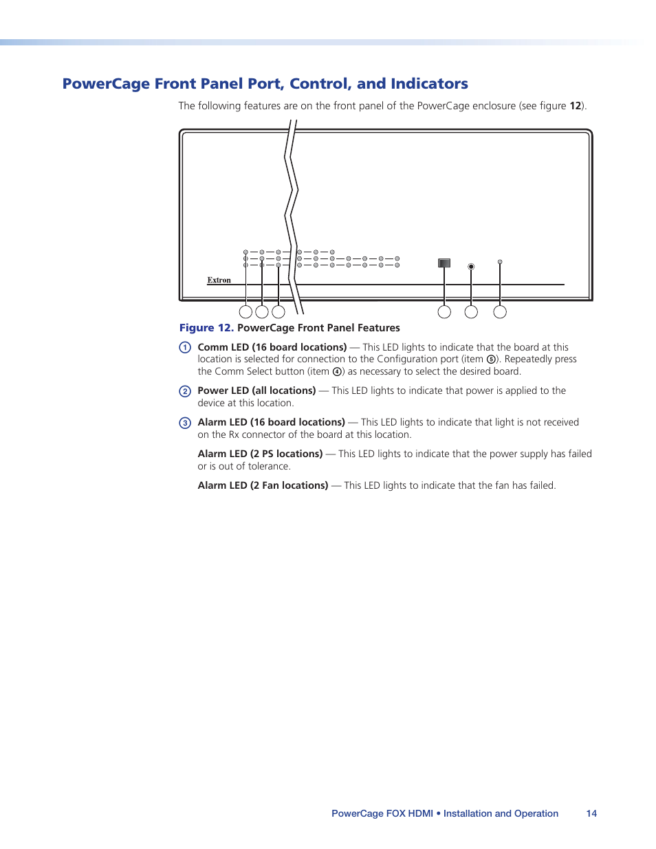 Powercage front panel port, control, and, Indicators, Figure 12. powercage front panel features | Extron Electronics PowerCage FOX Tx_Rx HDMI User Guide User Manual | Page 20 / 49