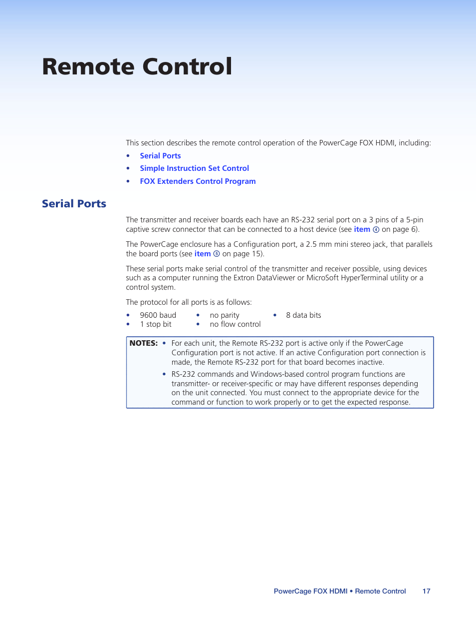 Remote control, Serial ports | Extron Electronics PowerCage FOX Tx_Rx HDMI User Guide User Manual | Page 23 / 49