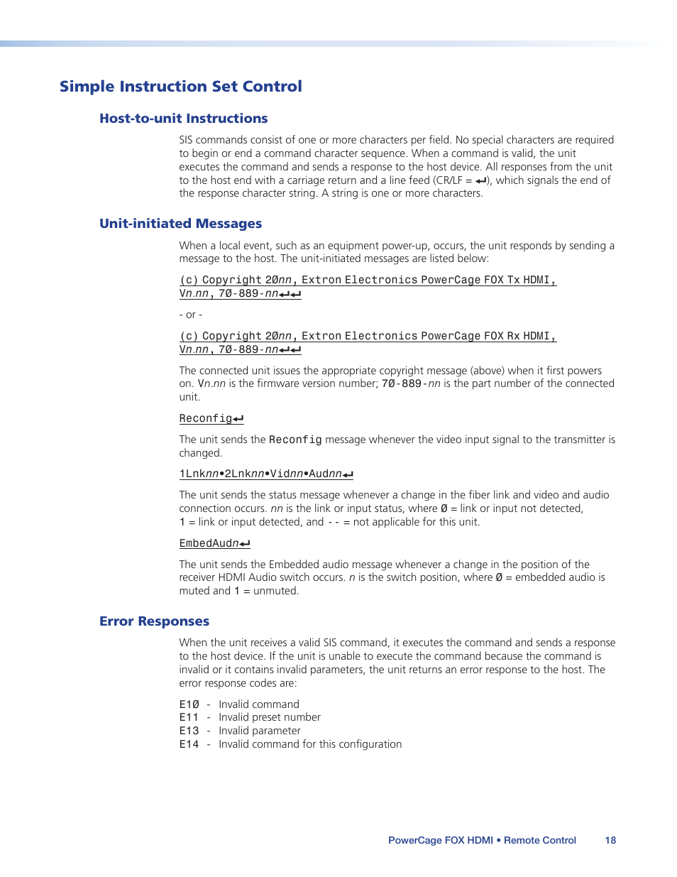 Simple instruction set control, Host-to-unit instructions, Unit-initiated messages | Error responses | Extron Electronics PowerCage FOX Tx_Rx HDMI User Guide User Manual | Page 24 / 49