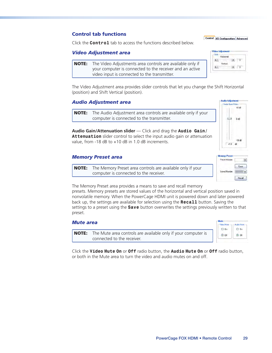 Audio adjustment, Area | Extron Electronics PowerCage FOX Tx_Rx HDMI User Guide User Manual | Page 35 / 49