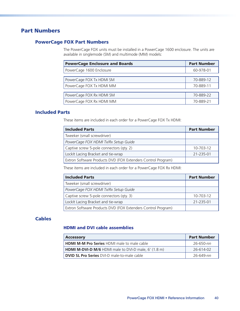 Part numbers, Powercage fox part numbers, Included parts | Cables, Specifications part numbers, Powercage fox part numbers included parts | Extron Electronics PowerCage FOX Tx_Rx HDMI User Guide User Manual | Page 46 / 49
