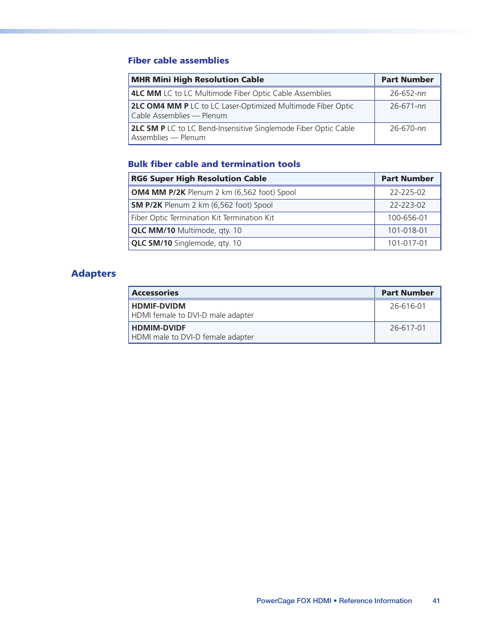 Adapters, Cables | Extron Electronics PowerCage FOX Tx_Rx HDMI User Guide User Manual | Page 47 / 49