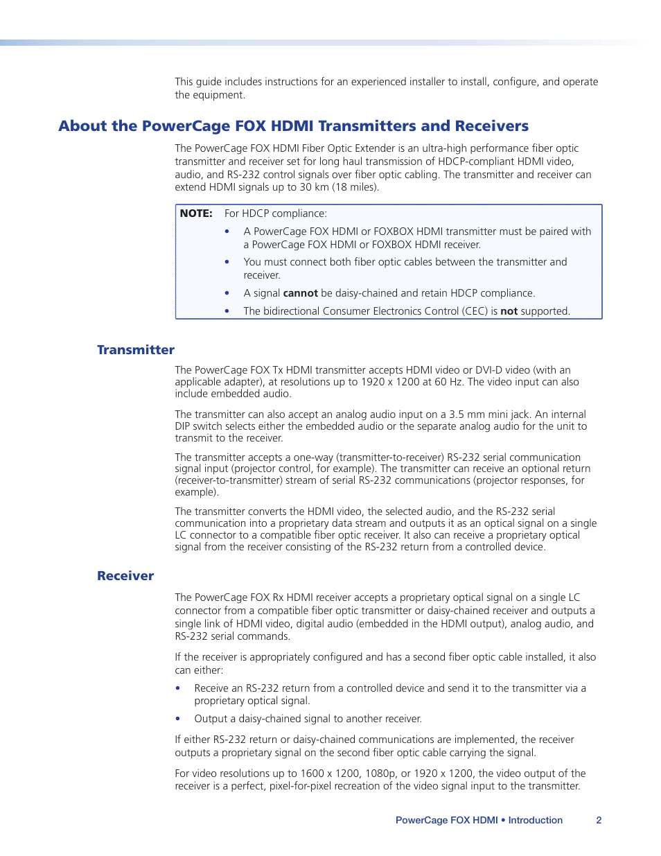 Transmitter, Receiver, About the powercage fox hdmi | Transmitters and receivers, Transmitter receiver | Extron Electronics PowerCage FOX Tx_Rx HDMI User Guide User Manual | Page 8 / 49
