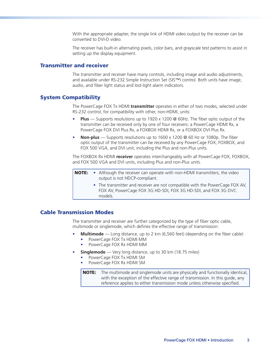 Transmitter and receiver, System compatibility, Cable transmission modes | Extron Electronics PowerCage FOX Tx_Rx HDMI User Guide User Manual | Page 9 / 49