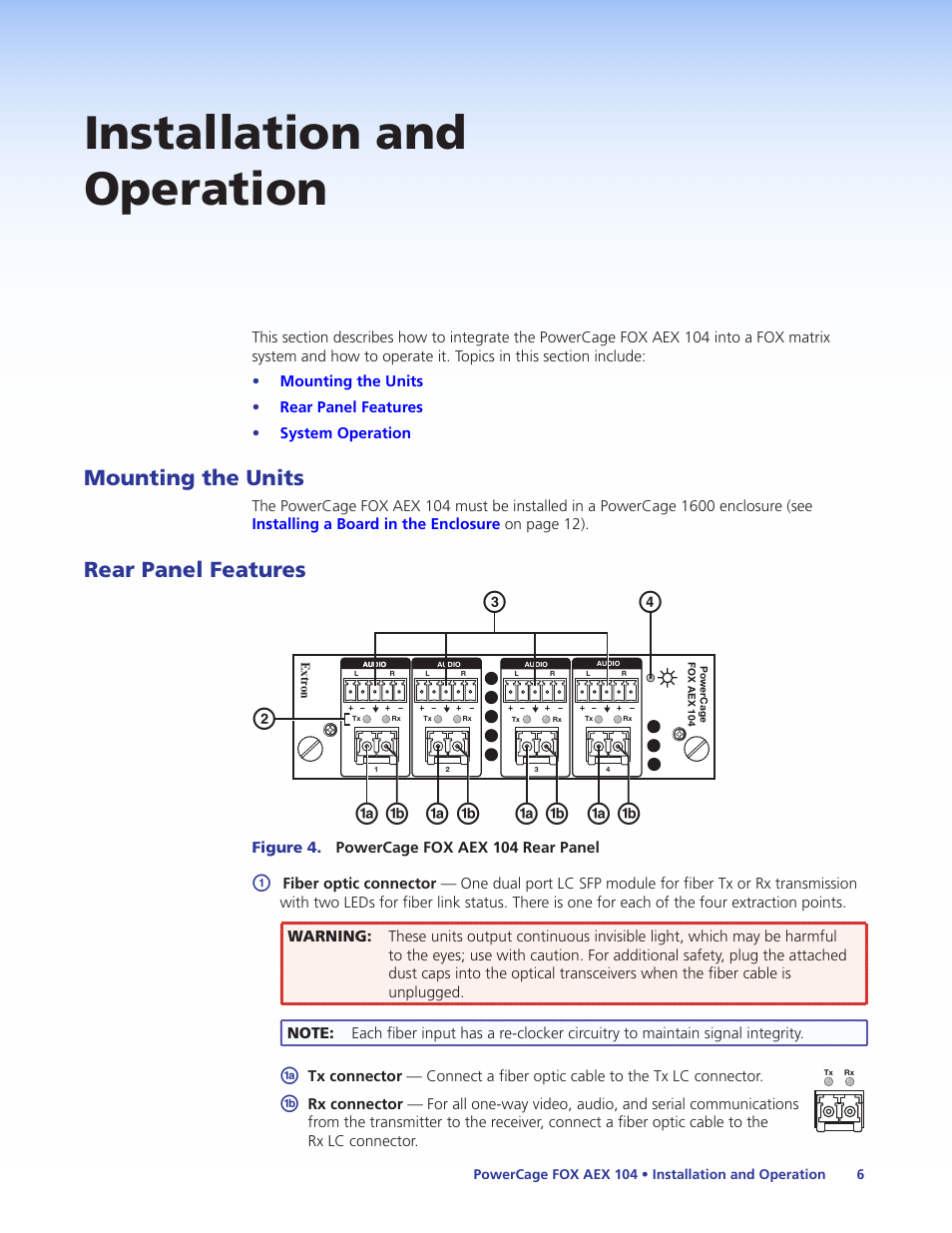 Installation and operation, Mounting the units, Rear panel features | Mounting the units rear panel features | Extron Electronics PowerCage FOX AEX 104 User Guide User Manual | Page 12 / 19